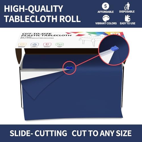 CXPSINC 54 Inch X 300 Feet Plastic Table Cover Roll Disposable Tablecloth with Slide Cutter for All Type/Shape Tables | Party, Banquet, Birthdays, Weddings(Navy Blue, 300 Feet)