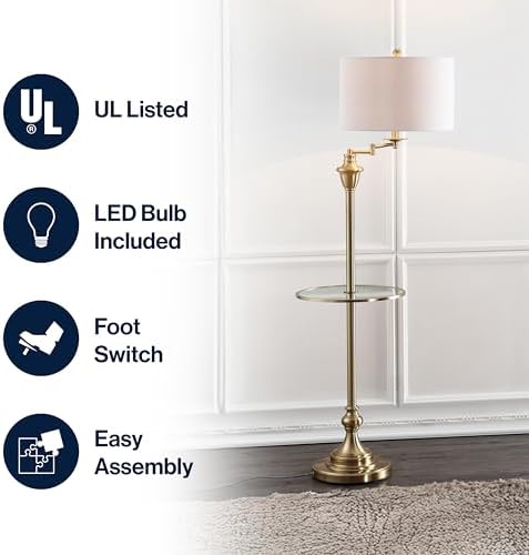 JONATHAN Y Cora 60" Metal Swing Arm Floor Lamp, Brass Gold/Clear