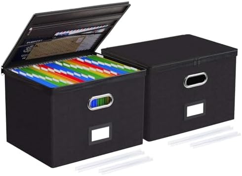 Oterri File Box Large 2-Pack Hanging Organizer for Letter/Legal-Size Folder | Dustproof Lid. 3 Mesh Pockets. Collapsible Scratch-Resistant GRS Linen. Slide Rails. Office, Home, Dorm
