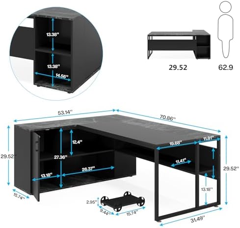 Tribesigns 71 inch Executive Desk, L Shaped Desk with Cabinet Storage, Executive Office Desk with Shelves, Business Furniture Set Workstation for Home Office, Black