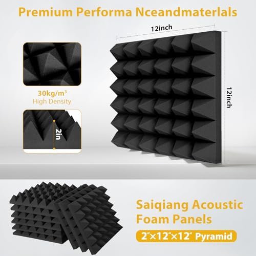 24 Pack Sound Proof Foam Panels for Walls, 2"X 12" X 12" Pyramid Designed Acoustic Foam Panels Sound Absorbing, Noise Cancelling Dampening Wall Panels for Studio Recording & Office & Home