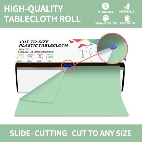 CXPSINC 54 Inch X 100 Feet Plastic Table Cover Roll Disposable Tablecloth with Slide Cutter for All Type/Shape Tables | Party, Banquet, Birthdays, Weddings(Sage Green, 100 Feet)