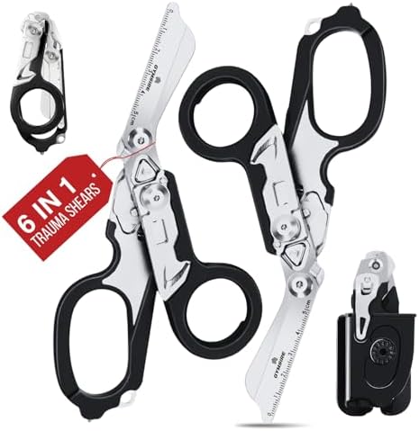 2 Pack Heavy Duty 6 in 1 Multifunctional Trauma Shears Foldable | Stainless Steel emergency response scissors | Survival Shears with Holster | Medical Trauma shears Tactical With Strap Cutter