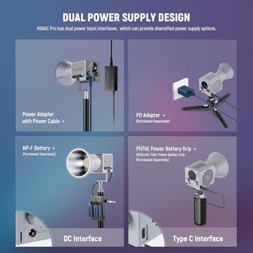 NEEWER HS60C Pro 60W Portable RGB LED Video Light, APP DMX/Panel Control/Custom Effects/Light Group 8700Lx/1m 2700-6500K CRI97+ COB Continuous Output Lighting for Video Recording Studio Photography