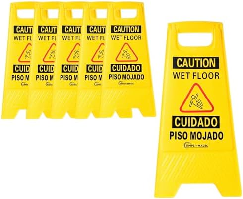 Simpli-Magic 24" Height Wet Floor Caution Signs, 6 Pack – Double-Sided, Bilingual & Foldable Safety Warning Sign – Commercial Grade, Yellow, Plastic