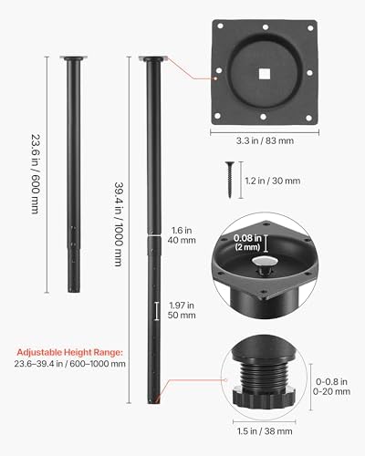 VEVOR Adjustable Table Legs, 24-40 in Round Steel Furniture Legs, 1200 lbs Max Load Heavy Duty, Quick Installation, Ideal for Home Office Desk DIY, Coffee Dinner Bar Tables, Workbenches, 4 PCS, Black