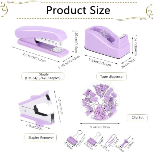 Office Supplies,Purple Desk Accessories,Stapler and Tape Dispenser Set for Women with Stapler,Tape Dispenser,Staple Remover,Staples,Clips,Scissors and Tabs,Gift for Student,Teacher,Coworkers,Business