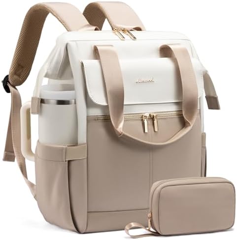 LOVEVOOK Laptop Backpack for Women, 15.6 Inch Work Laptop Bag with USB Port, Fashion Teacher Nurse Backpack Purse, Waterproof Travel Computer Backpack with Organizer Bag, 2PCS, Beige-Khaki
