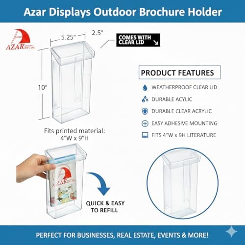 Azar Displays 252962 Outdoor Adhesive Wall Mount Trifold Brochure Holder with Clear Lid for 4"W x 9"H Literature, (2-Pack)