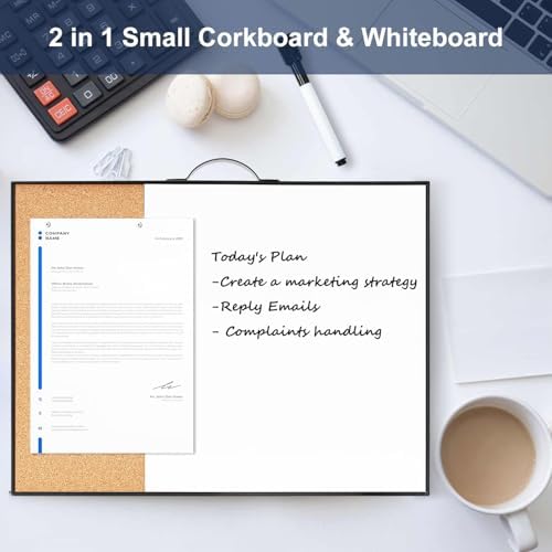 Small Cork Board Whiteboard Combo - 12" X 16" Portable Aluminum Black Framed Magnetic Dry Erase Board for Wall, Mini Bulletin CorkBoard with a Handle for Office, Home and School