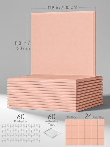 Thick Felt Pin Board Tiles 24 Pack, 11.8x11.8 Bulletin Board for Wall