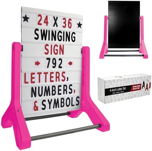 Swinging Changeable Message Sidewalk Sign 24″ x 36″ – Outdoor Advertising Sign Board with 792 Pre-Cut Double-Sided Letters & Storage Box – Heavy-Duty, Rust-Resistant Sidewalk Display for Businesses & Events (Pink Legs)