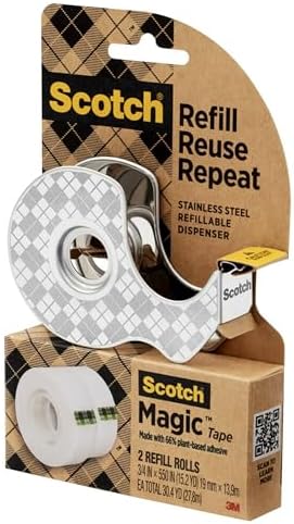 Bundle of Scotch Stainless Steel Refillable Dispenser and 6 Rolls Scotch Magic Greener Tape, Office Supplies and Back to School Supplies