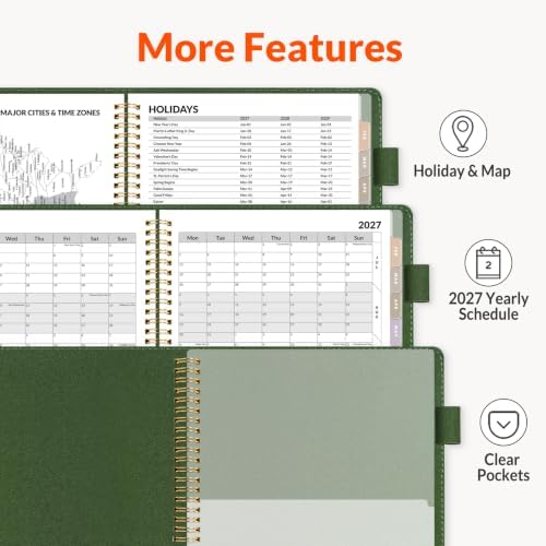 SUNEE 2027 Weekly & Monthly Planner 9"x11.2"- 12 Month (January 2027 - December 2027), Vegan Leather Cover, Pocket, Bookmark, Notes, Monthly Tab, Deep Green