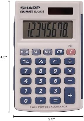 Sharp 8-Digit Pocket Calculator, LCD Display with Hinged Hard Cover, Dual-Power Handheld Simple Calculator, 2.5 x 4.5-Inches, Gray and Blue (EL-243SB)