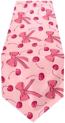 ALAZA Double-Sided Pink Bow Cherry Table Runner 14x108 Inches Long,Table Cloth Runner for Wedding Birthday Party Kitchen Dining Home Everyday Decor