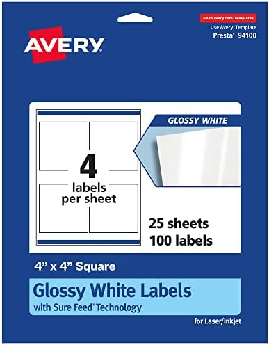 Avery Glossy White Square Labels, Sure Feed Technology, 4" x 4", 100 Glossy White Labels, Permanent Adhesive, Laser/Inkjet Printable