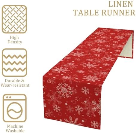 Red Snowflakes Christmas Table Runner, Seasonal Winter Holiday Kitchen Dining Table Decoration for Home Party Decor 13x36 Inch