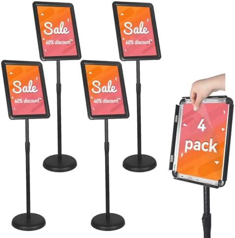 HUAZI Adjustable Sign Holder Stand 4PACK Floor Sign Holder for 8.5x11 inches,Both Vertical & Horizontal View Displayed,Snap-Open Frame with Safety Corner for School Church,Black