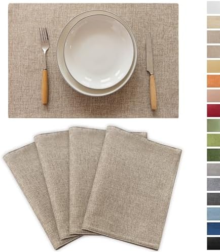 Demetex Linen Placemats Set of 4 Heat Resistant Cloth Place Mats Wipeable Fabric Placemats for Dining Table Indoor Restaurants, 13 x 19 inches, Linen