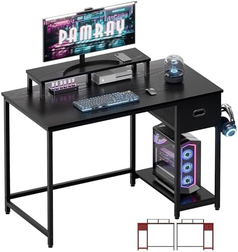 Pamray 39 Inch Small Computer Desk with Monitor Stand and Drawer for Gaming