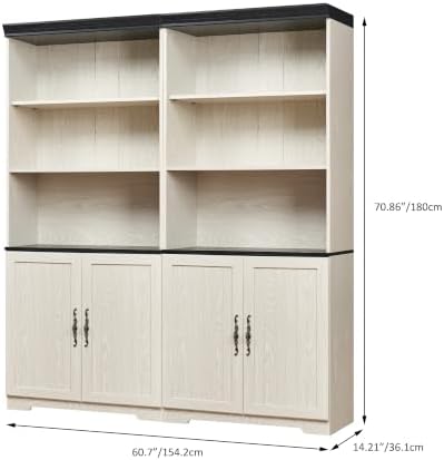KEIKI Set of 2 Tall Storage Bookcases with Doors, White Display Cabinet 70.86 in freestanding Display Cabinet Combines Open Shelves and Closed Doors for Books, Wine, Decor and Office Supplies