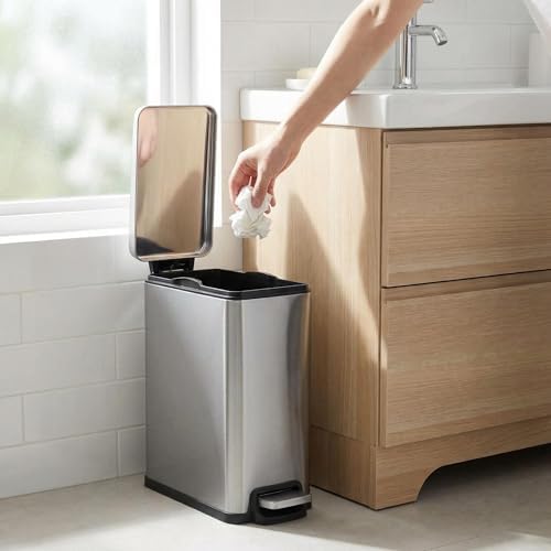 PrecisionAuto Slim Bathroom Trash Can with Soft Close Lid, 10 Liter / 2.6 Gallon Stainless Steel Step Garbage Can with Removable Inner Bucket, Narrow Trash Bin for Toilet Bedroom Kitchen, Silver