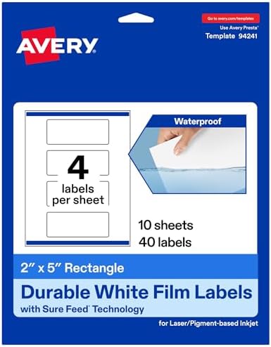 Avery® Printable Durable White Rectangle Labels, Sure Feed® Technology, 2" x 5", Print-to-the-Edge, Waterproof Labels, Laser & Pigment-Based Inkjet Compatible, 40 Total