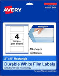 Avery® Printable Durable White Rectangle Labels, Sure Feed® Technology, 2" x 5", Print-to-the-Edge, Waterproof Labels, Laser & Pigment-Based Inkjet Compatible, 40 Total