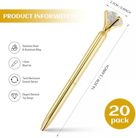 HISHER 20 Pack Custom Crystal Ballpoint Pens Smooth ABS Plastic Twist Pen