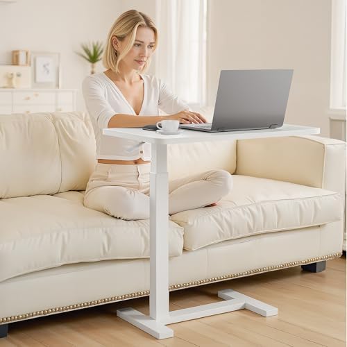 Overbed Bedside Table with Hidden Casters, Adjustable Pneumatic Mobile Laptop Computer Standing Desk, Rolling Laptop Table, Movable Overbed Table Hospital Home Use, White