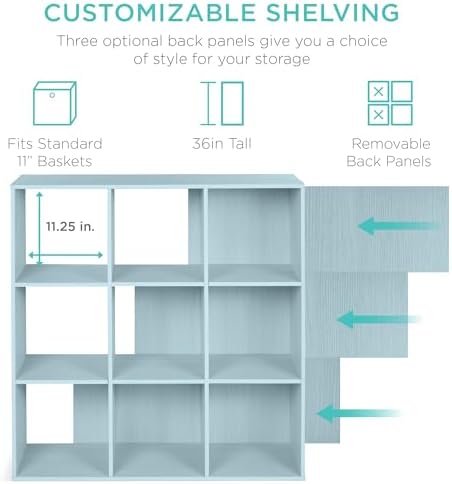 Best Choice Products Kids Bookcase 9-Cube Storage Organizer, 11in Shelf Opening, Bookshelf, Toy Storage, Customizable w/ 3 Removable Back Panels – Light Blue