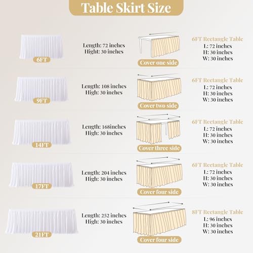 Wish Care 21ft White Satin Long Table Skirt for Rectangle Tables Wrinkle Free Teacher Desk Skirt Glitter Ruffle Table Skirting Cloth for Office Wedding Birthday Baby Shower Party Banquet Table Decor