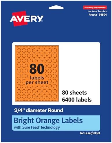 Avery Printable Round Labels, Sure Feed Technology, 3/4" Diameter, Bright Orange Labels, Print-to-the-Edge, Laser/Inkjet, 6,400 Total, Great for Price Stickers and Mailing Seals