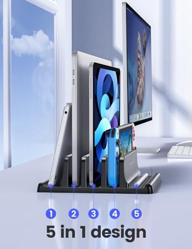 Vaydeer 3-Slot Vertical Laptop Stand Organizer, Laptop Storage Holder Made of Premium ABS Plastics 5 in 1 Design,Desktop Space-Saving Adjustable Desk Organizer for All MacBook/Chromebook/Surface