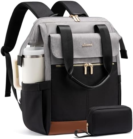 LOVEVOOK Laptop Backpack for Women with Giant Tumbler Holder, 15.6 Inch Work Laptop Bag with USB Port, Fashion Teacher Nurse Backpack Purse, Waterproof Travel Computer Backpack, 2PCS, Grey-Black