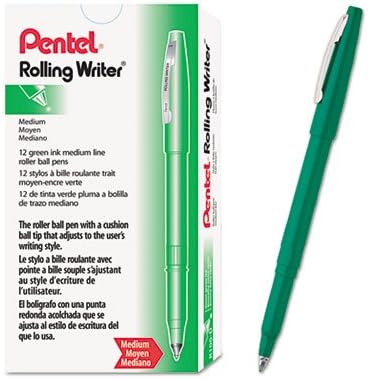 Pentel Rolling Writer Pen, 0.8mm Cushion Ball Tip, Green Ink, Box of 12 (R100-D)