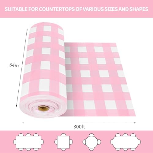 CXPSINC 54 Inch X 300 Feet Plastic Table Cover Roll Disposable Tablecloth with Slide Cutter for All Type/Shape Tables | Party, Banquet, Birthdays, Weddings(Pink Checkered, 300 Feet)