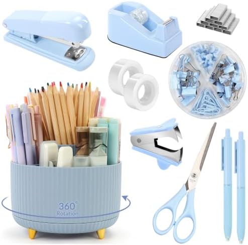 SKYDUE Blue Desk Accessories 11Pcs with Rotating Pen Holder for Desk
