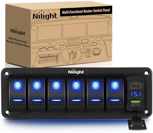 Nilight 6 Gang Rocker Switch Panel with PD Type C and USB Charger Voltmeter