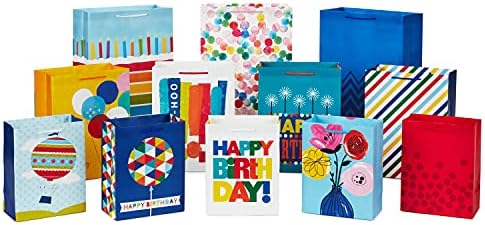 Hallmark Gift Bag Assortment, 12-Pack, 3 Sizes (Birthday, Stripes, Dots)