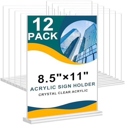 Arrobust Acrylic Sign Holder 8.5 x 11 Inches, 12 Pack Clear Display Table Top Signs Stand, Double Sided Vertical Flyer Holder,Plastic Frames Paper Holder for Stores Home Office Menu Retail Show Fair