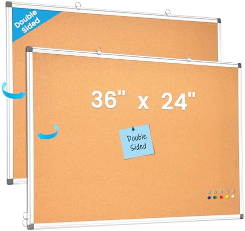 Double-Sided Cork Bulletin Board for Wall, WALGLASS 36" x 24" Notice Board