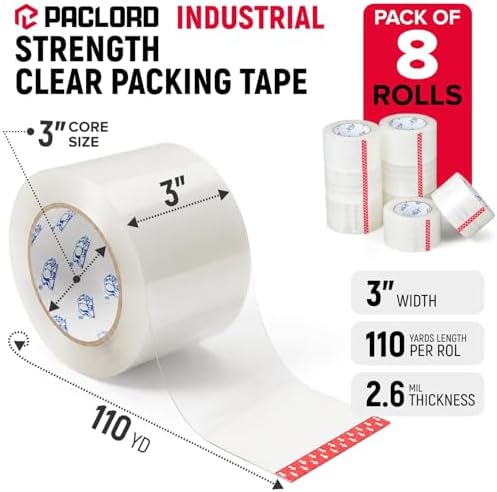 3" x 110 Yards Clear Packing Tape, Pack of 8 - Heavy-Duty 2.6 Mil Thick Carton Sealing Tape with Industrial Strength Adhesion for Packaging, Moving, or Shipping Boxes