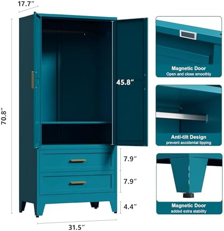 Washsemba 71'' Farmhouse Metal Wardrobe Cabinet with Hanging Rod, 2 Barn Door Wardrobe Closet with Adjustable Shelves,2 Drawer,for Dining Room,Bedroom,Living Room, Cloak Room,Office (Peacock Blue)