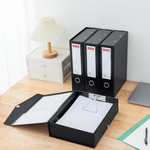 Storage File Boxes 4 Pack, Foldable File Box with Clip, 88mm Spine, Black | Archives Cases with Magnetic Closure, Plastic Document File Organizer Storage