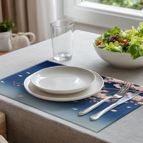 Batmerry Retro Japanese Cherry Blossom Linen Placemats Set of 4, Deep Indigo Flowers Washable Table Mats for Kitchen Table Thickened Heat Insulation Dining Set Indoor Outdoor 12X18 in