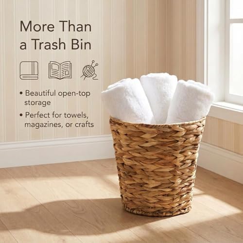 Household Essentials Wicker Waste Basket, Woven Leaf Basket with Wire Frame, Trash Bin or Storage Basket for Bedroom, Bathroom, Office and More