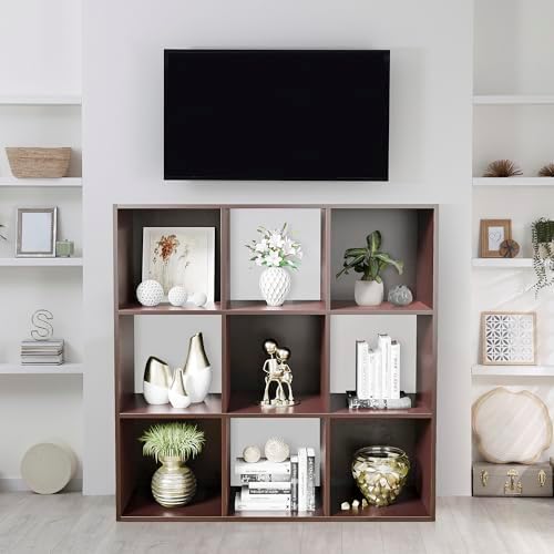 9 Cube Storage Shelf Organizer, Wood Bookshelf Organization Unit, Cube Shelves for Home Office Bedroom Living Room, Brown