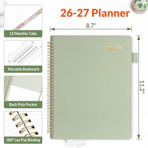 SUNEE 2026-2027 Weekly & Monthly Planner 9"x11.2" - 12 Month (July 2026 - June 2027), Vegan Leather Cover Planner Academic Year Calendar, Pocket, Notes, Monthly Tab, Green